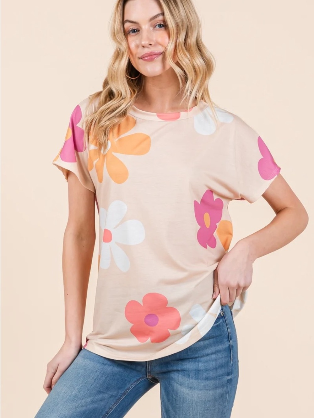 Beige Floral Print Short Sleeve Top - Pink & Orange Blooms